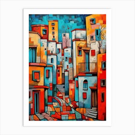 Streets of Fairytale I, Abstract Vibrant Colorful Painting in Cubism Style Art Print