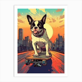 Boston Terrier Dog Skateboarding Illustration 1 Art Print