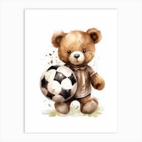 Football Soccer Ball Teddy Bear Painting Watercolour 4 Art Print
