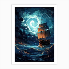 Ship In The Sea At Night Art Print