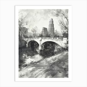 Congress Avenue Bridge Austin Texas Black And White Watercolour 2 Art Print