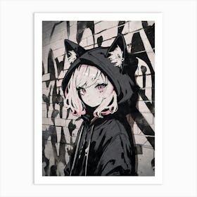 Kawaii Aesthetic Monochrome Nekomimi Anime Cat Girl Urban Graffiti Style Art Print