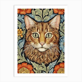 Cat With Flowers Style William Morris Art Print