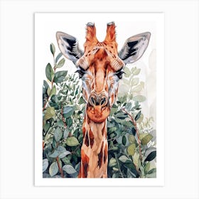 Giraffe Watercolour Portrait In The Leaves 2 Art Print