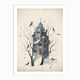 Bird House Winter Snow Illustration 3 Art Print