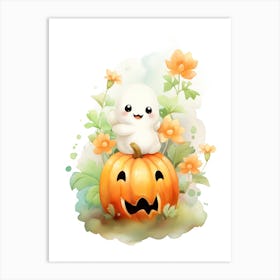 Cute Ghost With Pumpkins Halloween Watercolour 4 Art Print