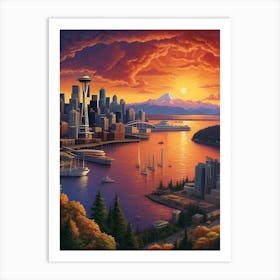 Seattle Skyline At Sunset Art Print