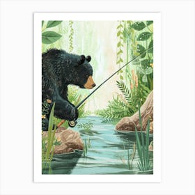 American Black Bear Fishing In A Stream Storybook Illustration 4 Art Print