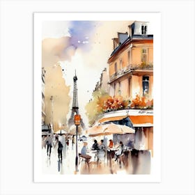 Paris city, passersby, cafes, apricot atmosphere, watercolors.12 Art Print