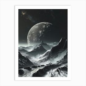 The Sky Under The Moonlight Reflects Rocky Mountain Ranges, Deep Black And Silver, With A Clean Background, Minimalist Style, Futuristic Sci Fi Aesthetic Style, Mountain View, 8k, High Definition Affiche