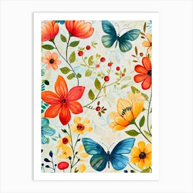 Watercolor Flowers And Butterflies Art Print