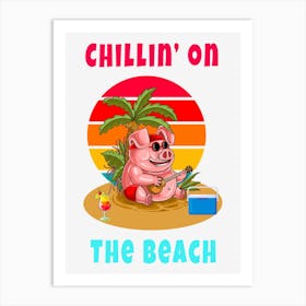 Colorful Pig Illustration Pig In Sunglasses On The Beach Under A Palm Tree Playing Music 1 Art Print