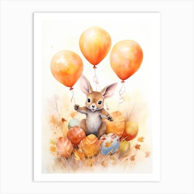 Kangaroo Flying With Autumn Fall Pumpkins And Balloons Watercolour Nursery 3 Art Print