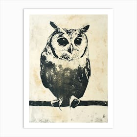 Collared Scops Owl Linocut Blockprint 3 Art Print