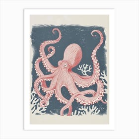 Linocut Inspired Navy Red Octopus With Coral 7 Art Print