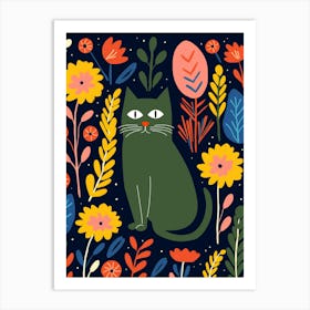 Green Cat With Flowers Art Print