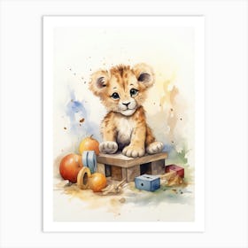 Playing With Wooden Toys Watercolour Lion Art Painting 4 Art Print