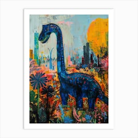 Dinosaur In The Flowers With A Cityscape In The Background Art Print