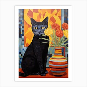 Black Cat With Flowers 1 Art Print