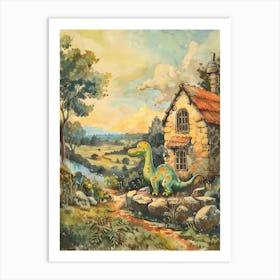 Dinosaur Outside A Home Storybook Painting 1 Art Print