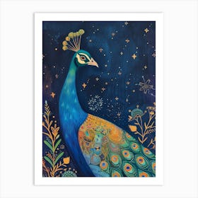Floral Peacock Under A Starry Sky Art Print