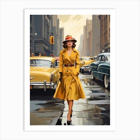 New York Middle 20th Century Walking Girl Retro Cars Art Print