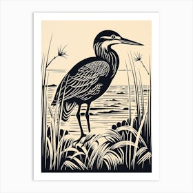 B&W Bird Linocut Green Heron 4 Art Print