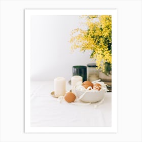 Easter Table With Eggs And Flowers Art Print