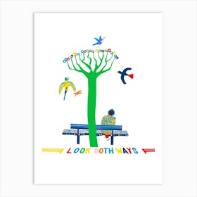 Man Sitting In A Park Watching The Parrots And Listening To Music Art Print
