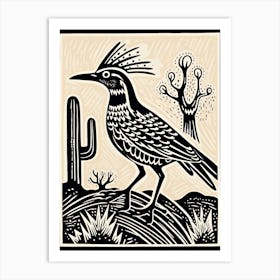 B&W Bird Linocut Roadrunner 4 Art Print