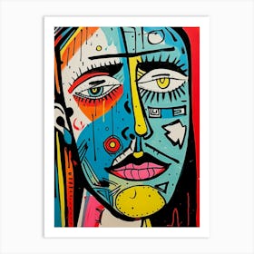 Colourful Linocut Inspired Face Illustration 2 Art Print