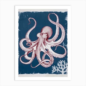 Red & Navy Octopus Linocut Inspired In The Ocean 5 Art Print