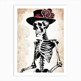 Floral Skeleton With Hat Ink Painting (45) Art Print