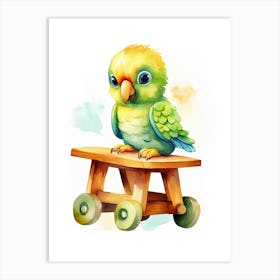 Baby Parrot On A Toy Car, Watercolour Nursery 0 Art Print