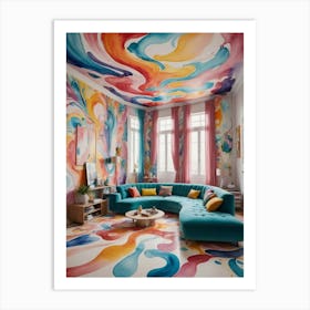 Surreal Reflections in an Impossible Room Colorful Living Room Art Print