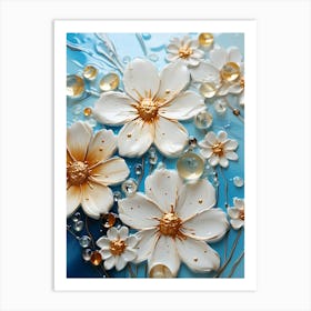 White Flowers On Blue Water Art Print