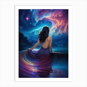 A sexy fantasy woman is watching the vast galaxy landscape. The neon colors of the interstellar night sky reflect on the pool and her dress. The Milky Way and planets shine bright in the cosmos. Astronomy and stars come to life in this spacey galaxy. Art Print