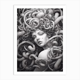 Medusa, Greek Mythology B&W Drawing Art Print