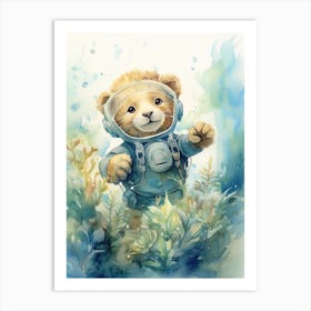 Scuba Diving Watercolour Lion Art Painting 3 Art Print