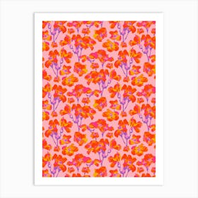 WILD ROSES Abstract Floral Summer Bright Rose Garden in Fuchsia Pink Orange Yellow Purple on Blush Art Print