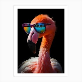 A vibrant, close-up portrait of a flamingo wearing stylish sunglasses, showcasing a colorful gradient of pink and orange feathers. Art Print