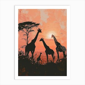 Giraffe Red Sunset Silhouette 3 Art Print