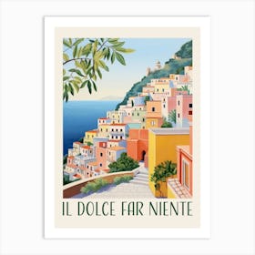 Il Dolce Far Niente. Italian Quote with Gouache Landscape. Vintage Travel Art Print