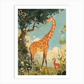 Storybook Style Illustration Of Giraffe & Calf Art Print