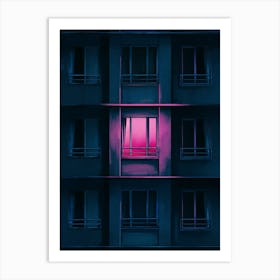 Minimalist Neon Art: A dark urban apartment building with one glowing pink window. Perfect for moody, modern aesthetics. Art Print