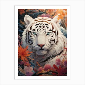 White Tiger and red flower Art Print