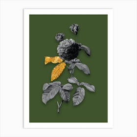 Vintage Agatha Rose in Bloom Black and White Gold Leaf Floral Art on Olive Green Art Print