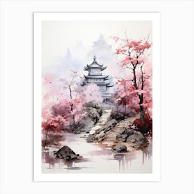 Chureito Pagoda In Yamanashi, Japanese Brush Painting, Ukiyo E, Minimal 3 Art Print