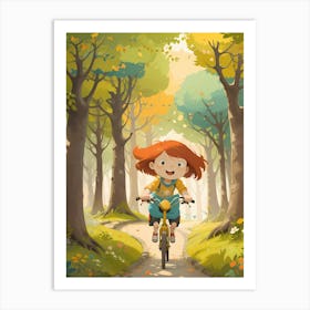 Girl Riding A Bike In The Forest Art Print