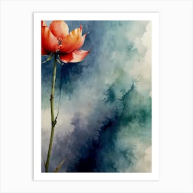 Single Red Flower Watercolor Painting Art Print